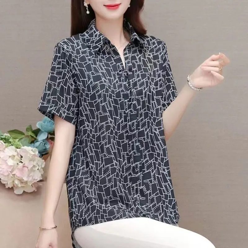 Female Clothing Casual Geometric Spliced Printed Blouse Summer Commute Turn-down Collar Short Sleeve Stylish Button Loose Shirt
