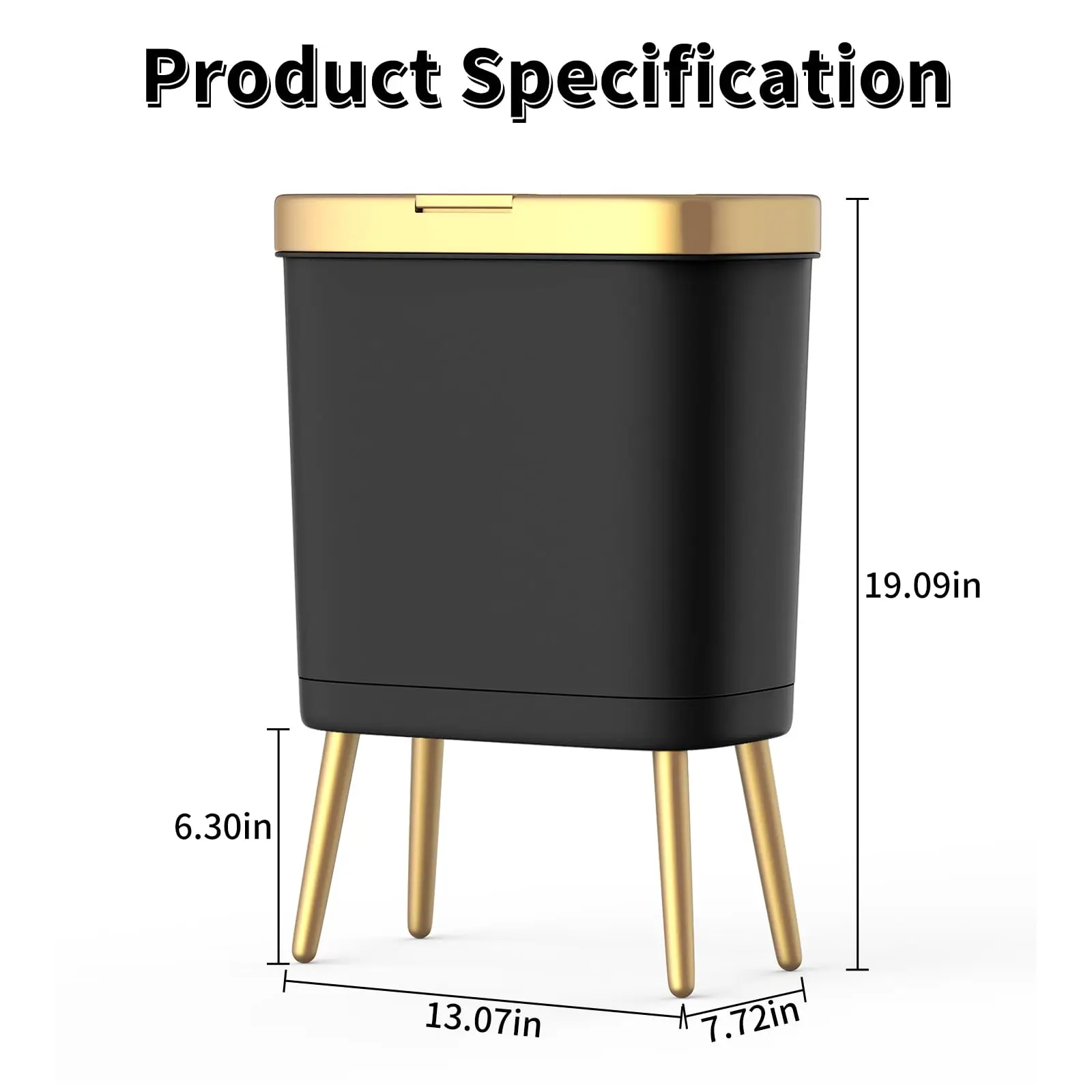 Bedroom Trash Can with Lid,Slim Bathroom Cans Lids, Dog Proof Press Top Lid,Modern Gold Plastic Waste Basket for Office,Kitchen