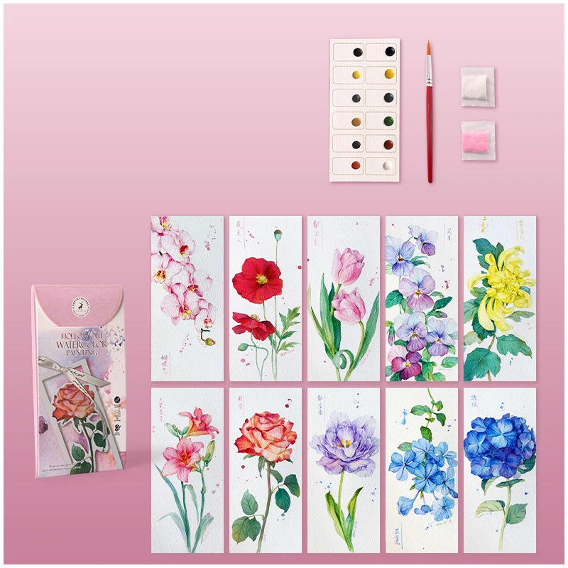 10 Blatt/Set Aquarell-Lesezeichen-Malset, DIY Aquarellpapier, handgefertigtes, tragbares Mal-Lesezeichen, Geschenk für Feiertage und Partys – Detail 8