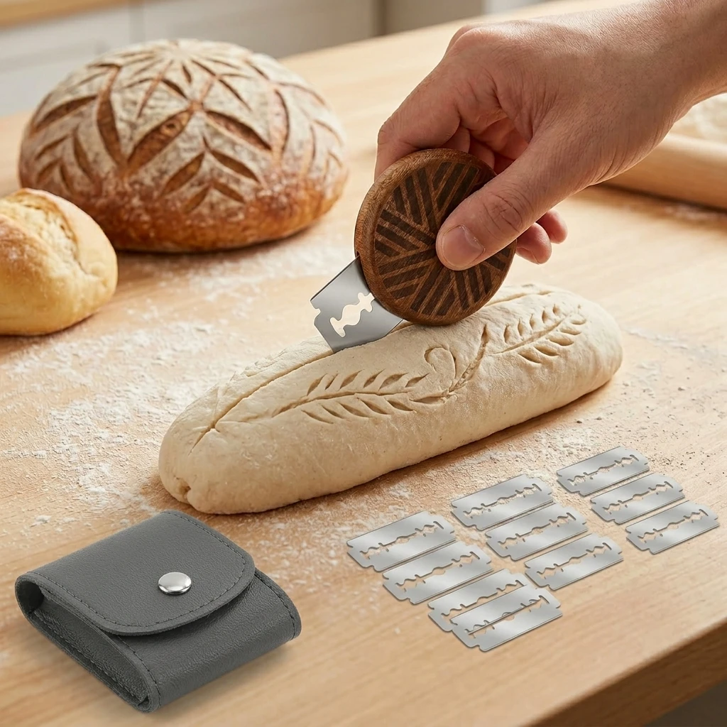 Holz-Brotmesser mit 15/10-Klingen-Set und Lederetui, handgefertigtes Teig- und Sauerteig-Schneidewerkzeug, vielseitiges Mehrzweck-Schneidewerkzeug