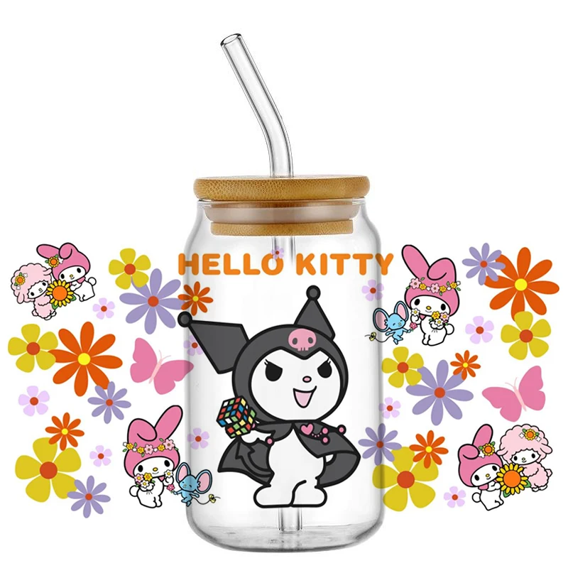 Miniso Kuromi UV DTF Cup Sticker Crystal Label Waterproof Resistant DIY Wrap 16oz Kitty Transfer Sticker Glass Adhesive Sticker