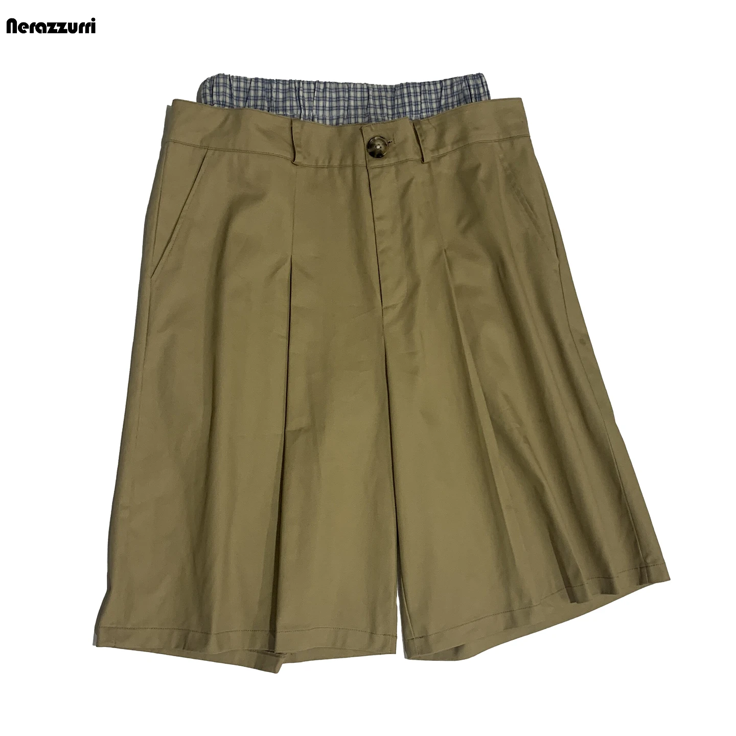 Nerazzurri Summer Autumn Plaid Patchwork Khaki Shorts for Men Double Waist Knee Length Pants Luxury Designer Menswear Clothes