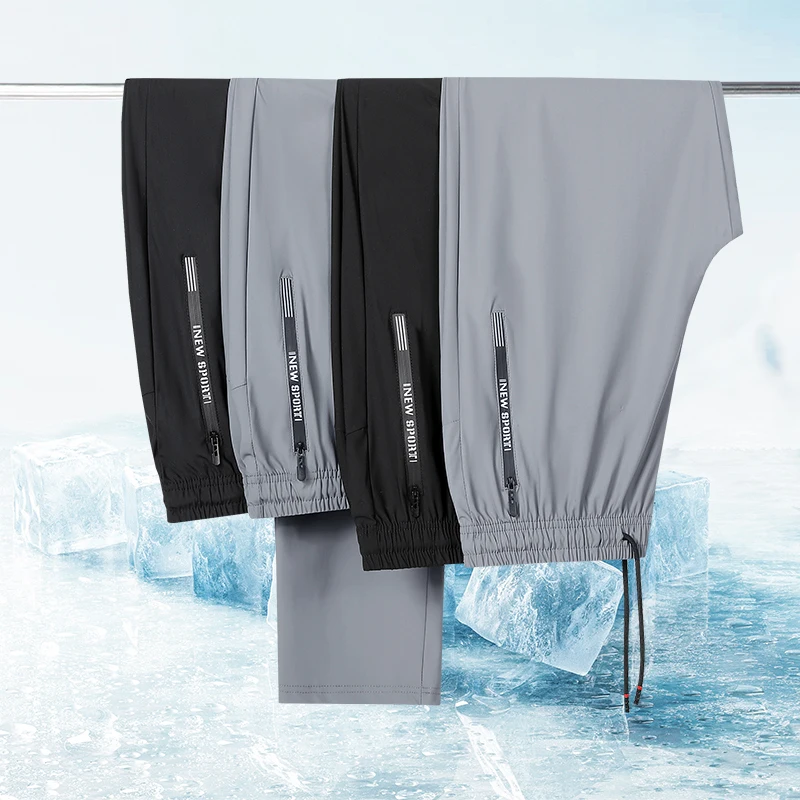 

Летние брюки из ледяного шелка больших размеров, быстросохнущие спортивные штаны, мужские модные легкие брюки с карманом на молнии, тонкие большие эластичные брюки 8XL