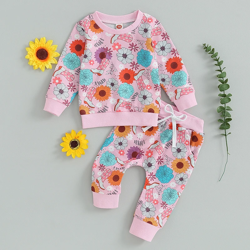 2023-08-24 Lioraitiin 0-3Y Toddler Boys Girls Western Clothes Sets 2pcs Flower/Cow Head Print Sweatshirt Elastic Waist Pants