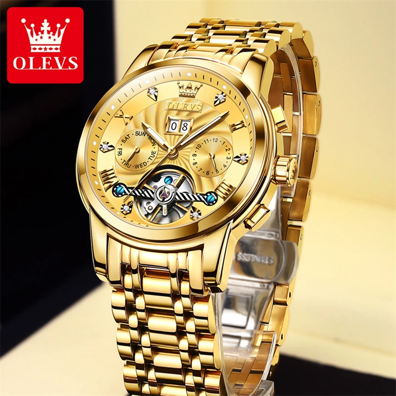 OLEVS Brand Luxury Gold orologio meccanico per uomo in acciaio inossidabile impermeabile calendario luminoso Fashion Tourbillon orologi da uomo