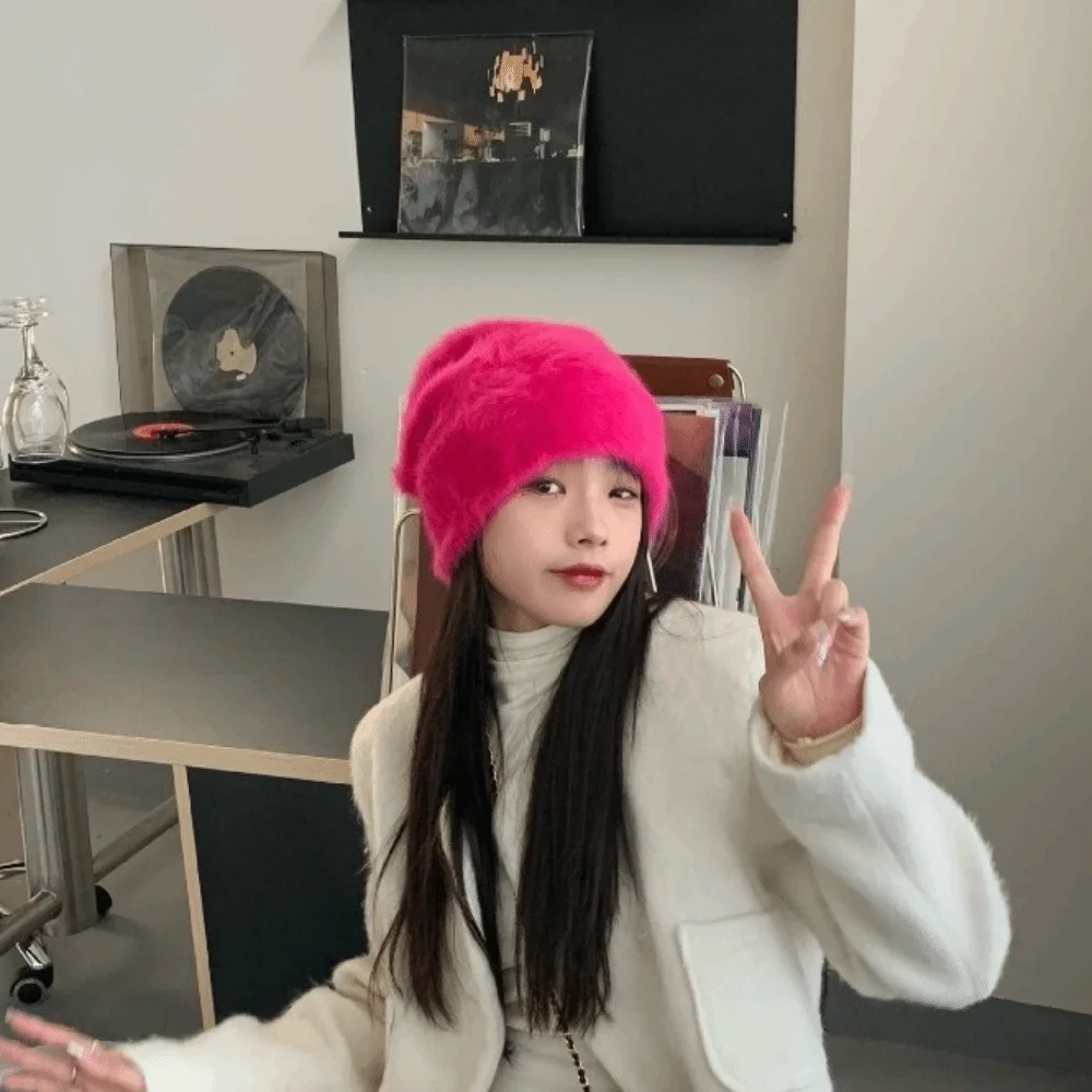 Fashion Solid Color Slouchy Beanie Hat Y2k Rabbit Fur Winter Knitted Cap Ribbed Flexible Ear Protection Skullcap Women 4