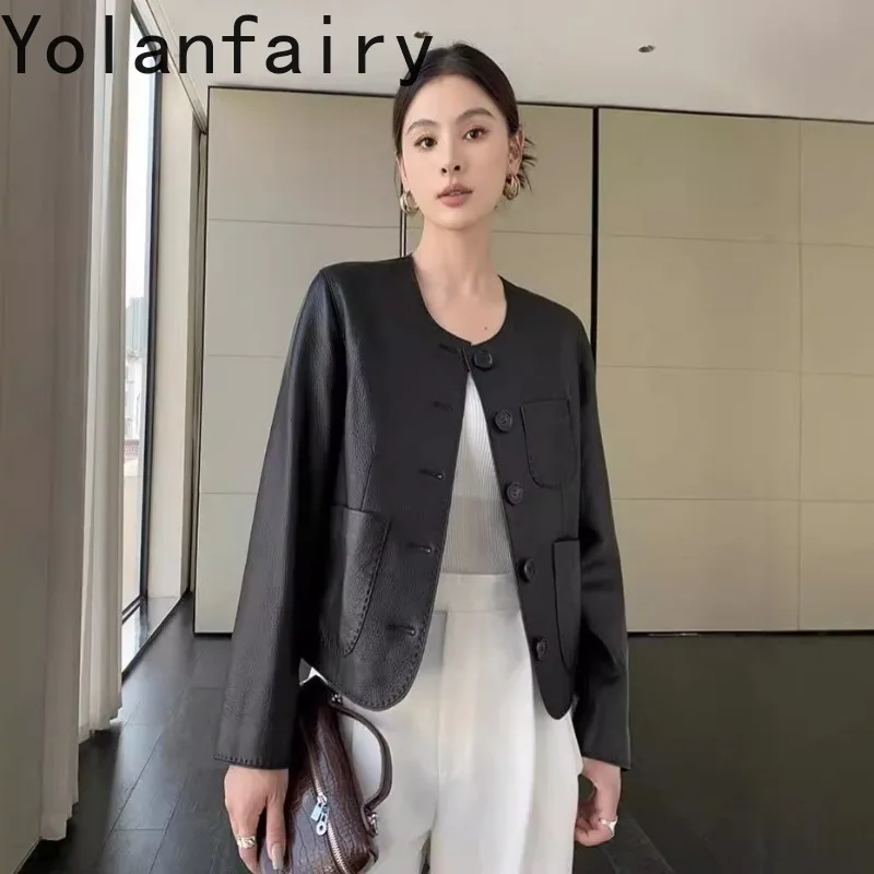YOLANFAIRY Top Layer Goatskin Genuine Leather Jacket Women 2026 Elegant O-neck Short 100% Real Leather Coat Casual Outerwear