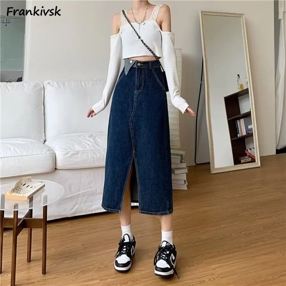 

All-match Women Skirts Vitality Simple Patchwork Creativity Students Streetwear High Waist Straight Denim American Style Fashion