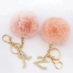 Fashion Metal Rhinestone Letter Keychains With Pink Pom Pom Faux Rabbit Fur Ball For Women Handbag Decoration