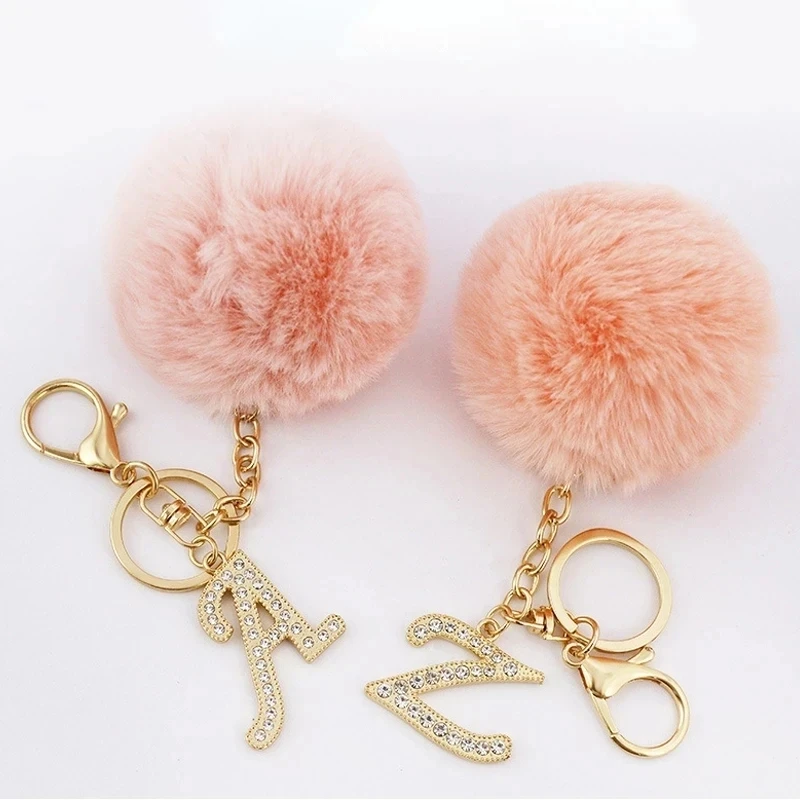 Fashion Metal Rhinestone Letter Keychains With Pink Pom Pom Faux Rabbit Fur Ball For Women Handbag Decoration