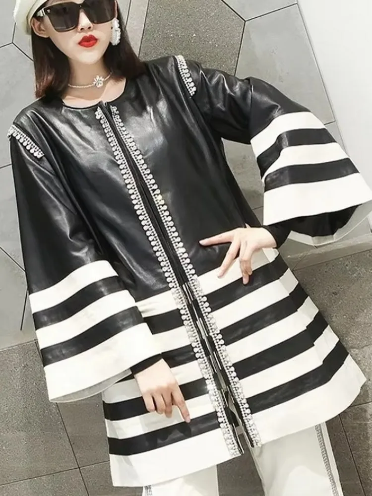Flare Sleeve Genuine Leather Jacket Office Ladies Elegant Loose Long Coat Luxury Diamonds Striped Jackets Women Sheepskin Coats