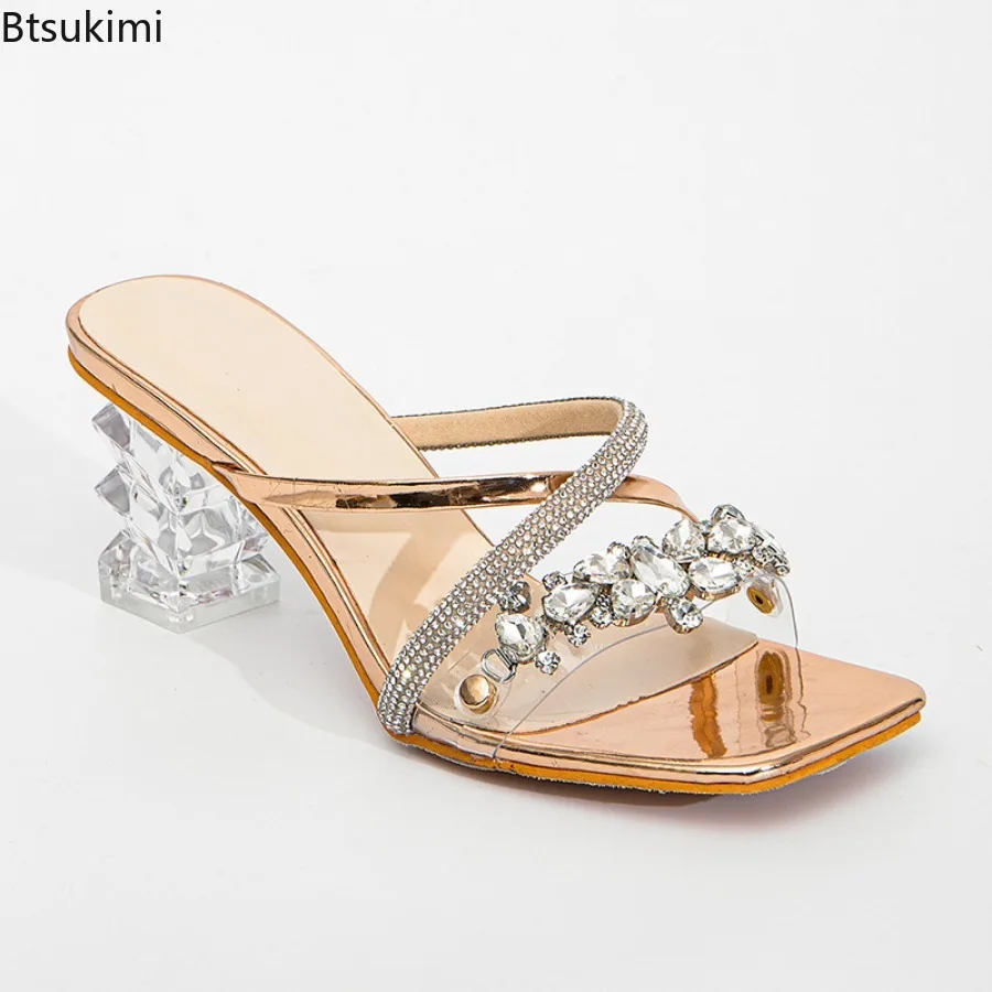 2025 Summer Fashion Woman's Crystal PU Transparent Sandals Strange Style High Heels Square Toe Female Pumps Sandalias De Mujer