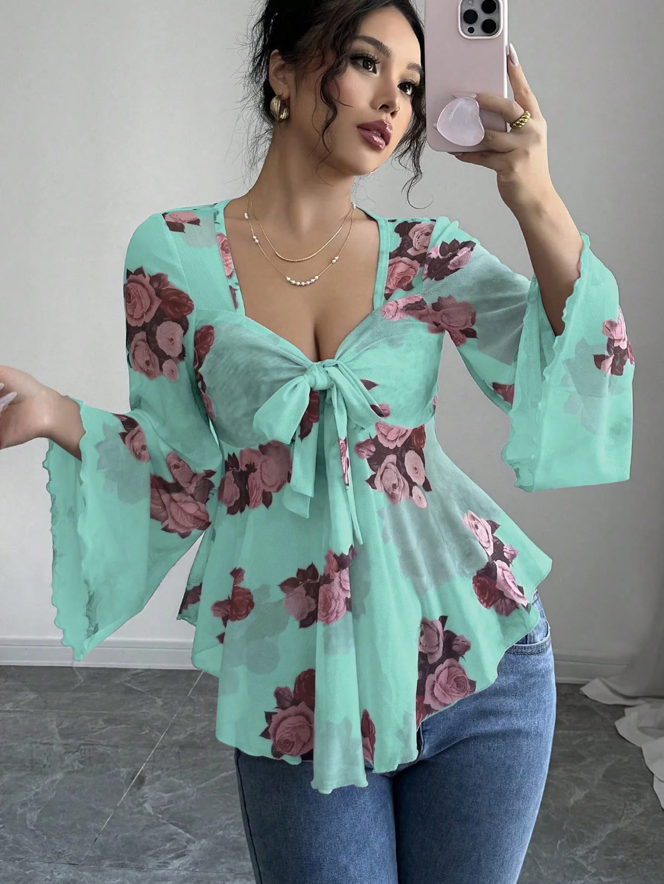 Casual Loose Print Clothes Elegant Chiffon Splicing Blouse Women Tops Summer Lace-up Square Collar Long Sleeve Shirt New Blusas