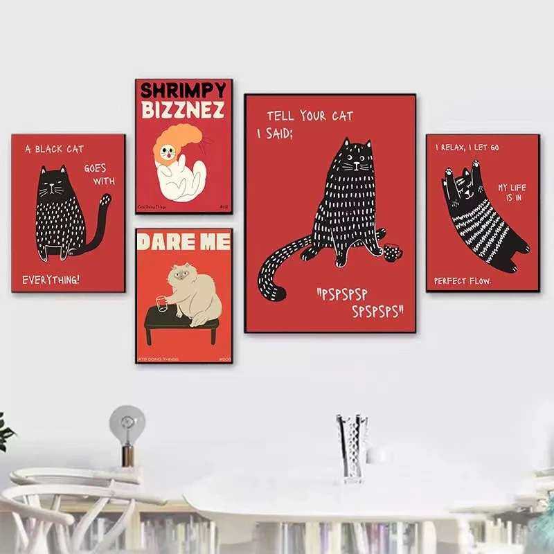 Retro Fun Minimalist Cat Decorative Art Playful Abstract Line Cat Canvas Print Home Cat Cafe Decor Perfect Gift