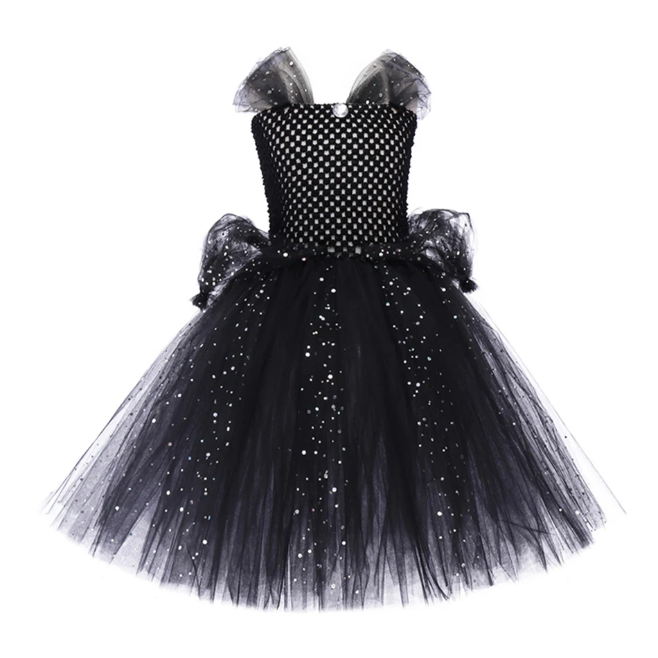 Vampire Halloween Cosplay Black Princess Dress Girl Evil Witch Role Play Sequin Mesh Vestidos Children Stage Performance Clothes