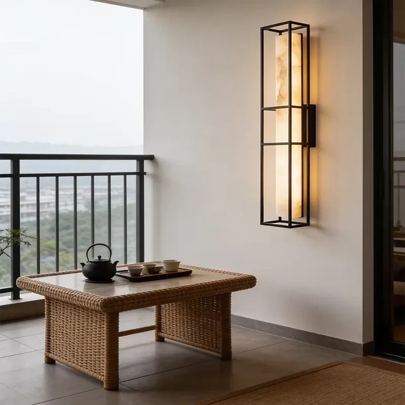 Natural Alabaster Marble Wall Light, Modern Black Metal Frame LED Wall Sconce for Living Room, Bedroom, Hotel Corridor
