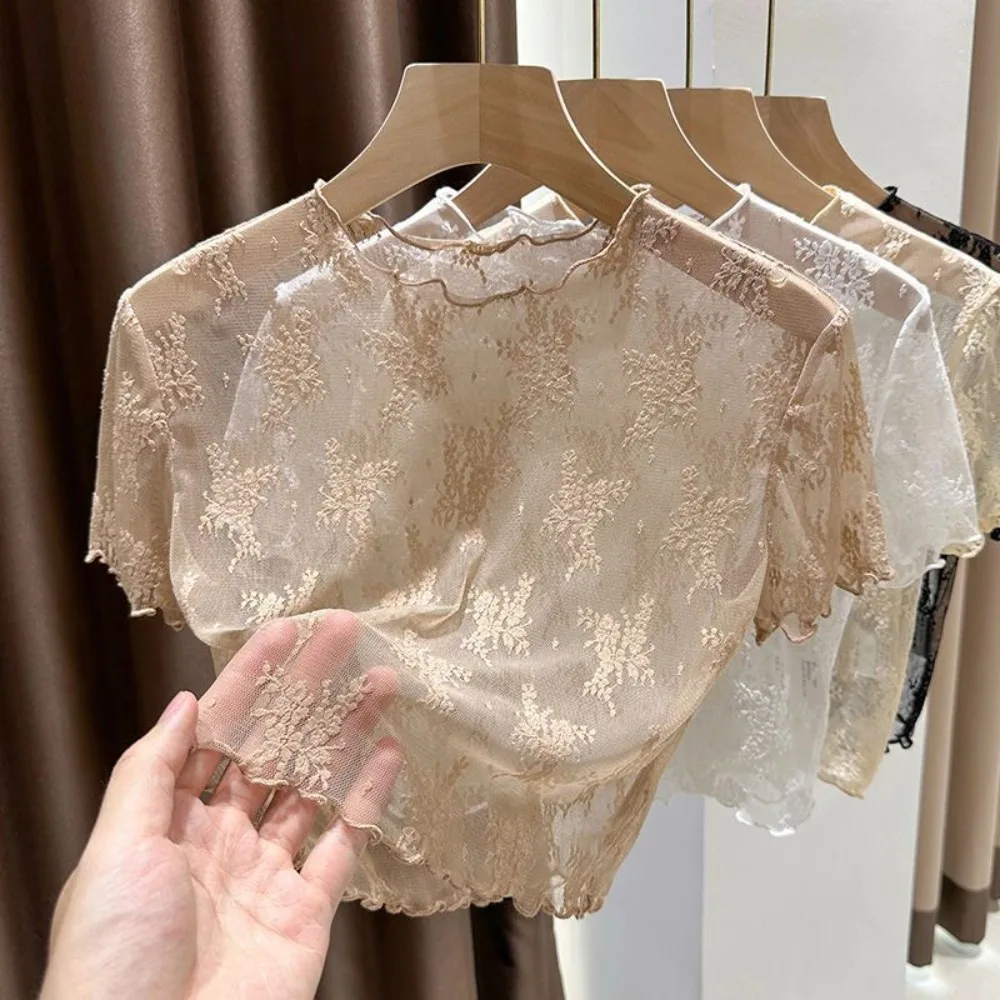 Cool Nylon Lace Short Sleeve Top Short Sleeve Breathable Sheer Mesh Blouse Thin Light Fabric Sling Dress Cover Up Women