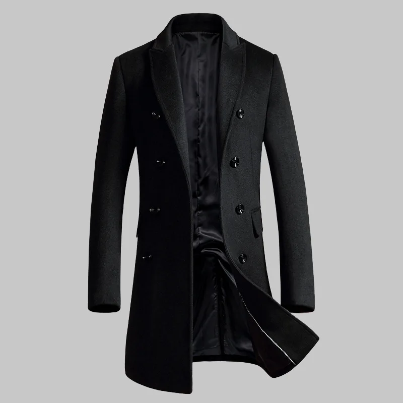 Men Double Breasted Wool Blend Coat Slim Notched Lapel Mid Length Overcoat Solid Black Business Formal Outerwear Autumn Winter