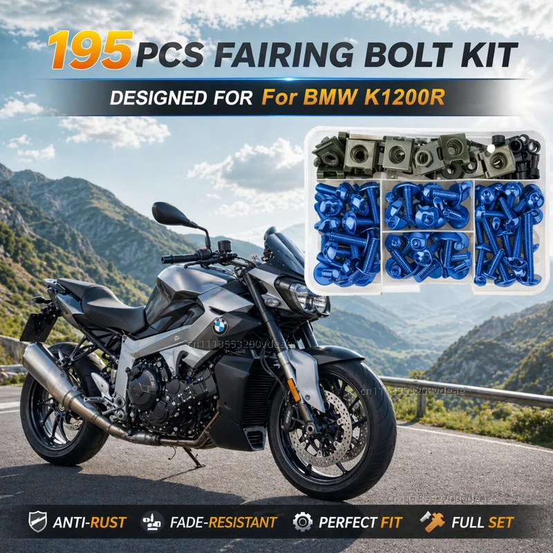 

195Pcs Motorcycle Fairing Bolt Screws Kit Nut Clips For BMW K1200R K1200S K 1200 R K 1200R CNC Fastener Hardware Bodywork Repair