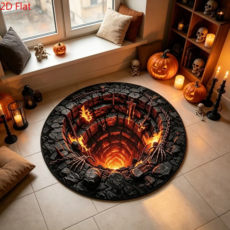Halloween 3D Hellfire Pit Round Rug Vintage Stone Brick Optical Illusion Area Carpet for Spooky Holiday Home Decoration