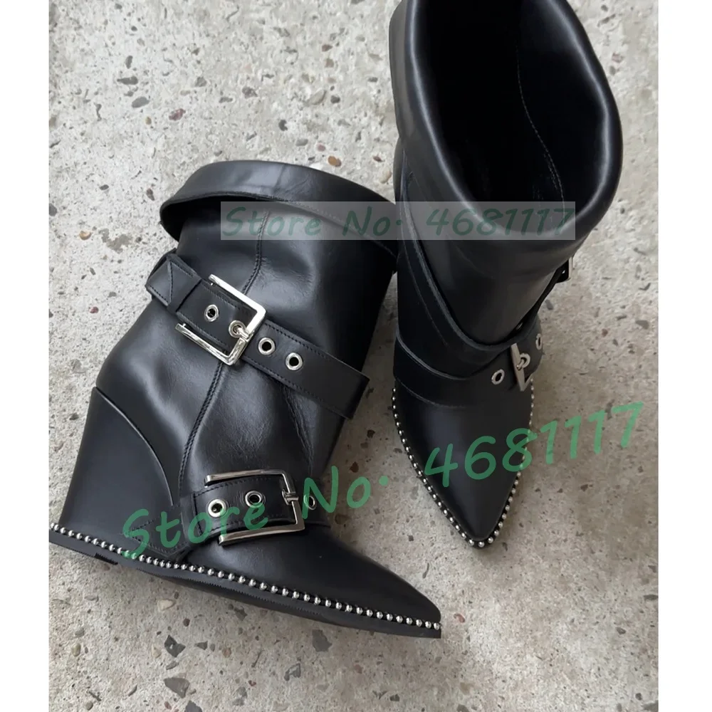 Belt Buckles Wedge Ankle Boots Women Sexy Splicing Leather Pointy Toe Big Size Shoes Slouchy New Luxury Black Rivets Trim Boots