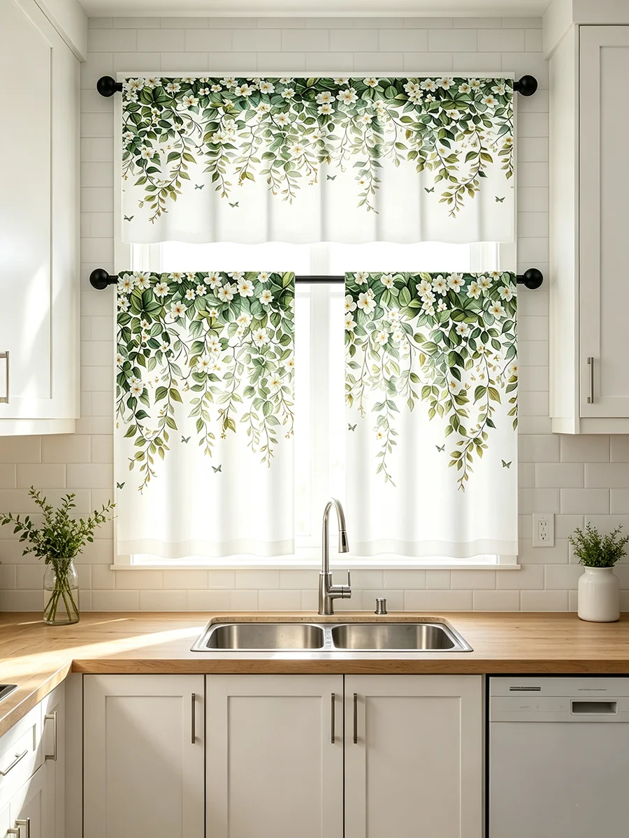 Digital Print Curtains Green Vine White Flower Butterfly Print Fresh Farmhouse Kitchen Decor Drapes