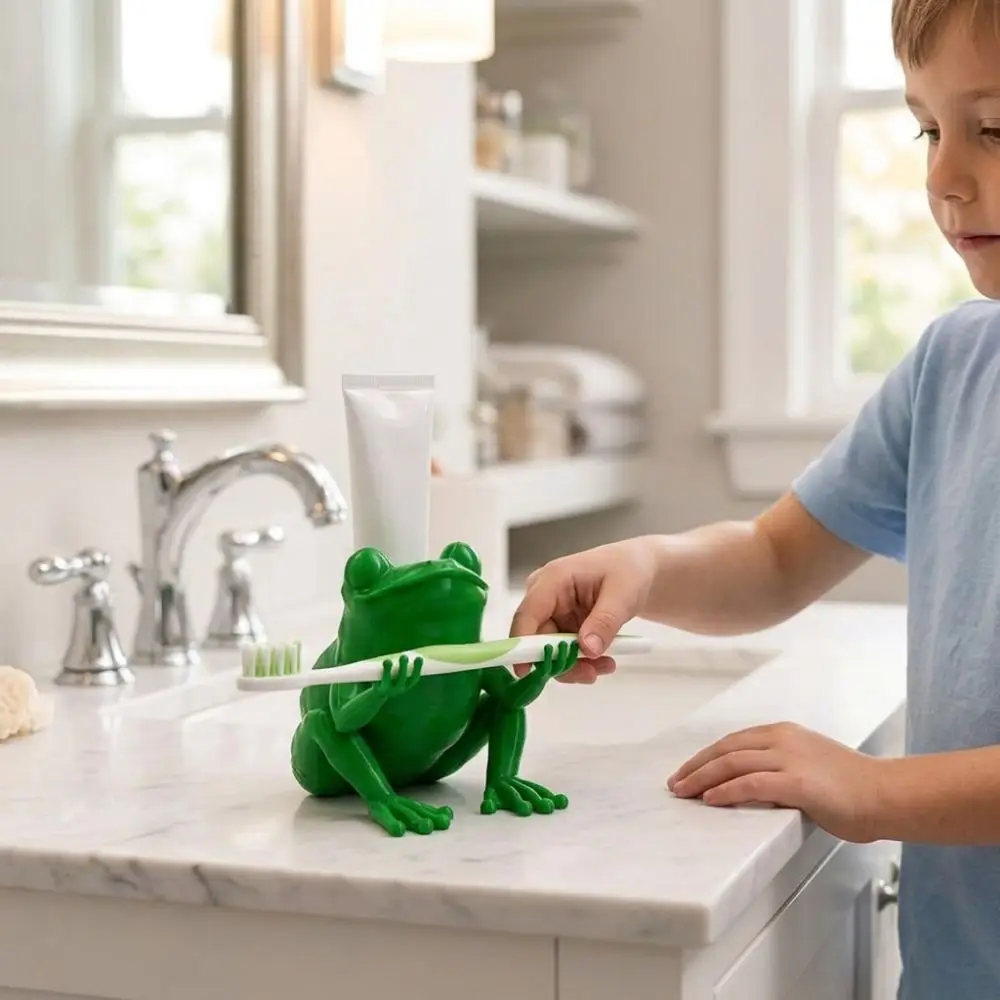 Plastic Frog Shaped Toothbrush Holder 3D Printed Cute Frog Glasses Holder Green Decorative Toothpaste Storage Rack