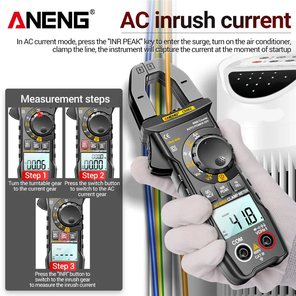 Imagem -03 - Digital Clamp Meter dc Tensão de Corrente ac 6000 Contagens Multímetro Amperímetro Tester Carro Amp hz Capacitância Ncv Ohm Teste Aneng-cm82