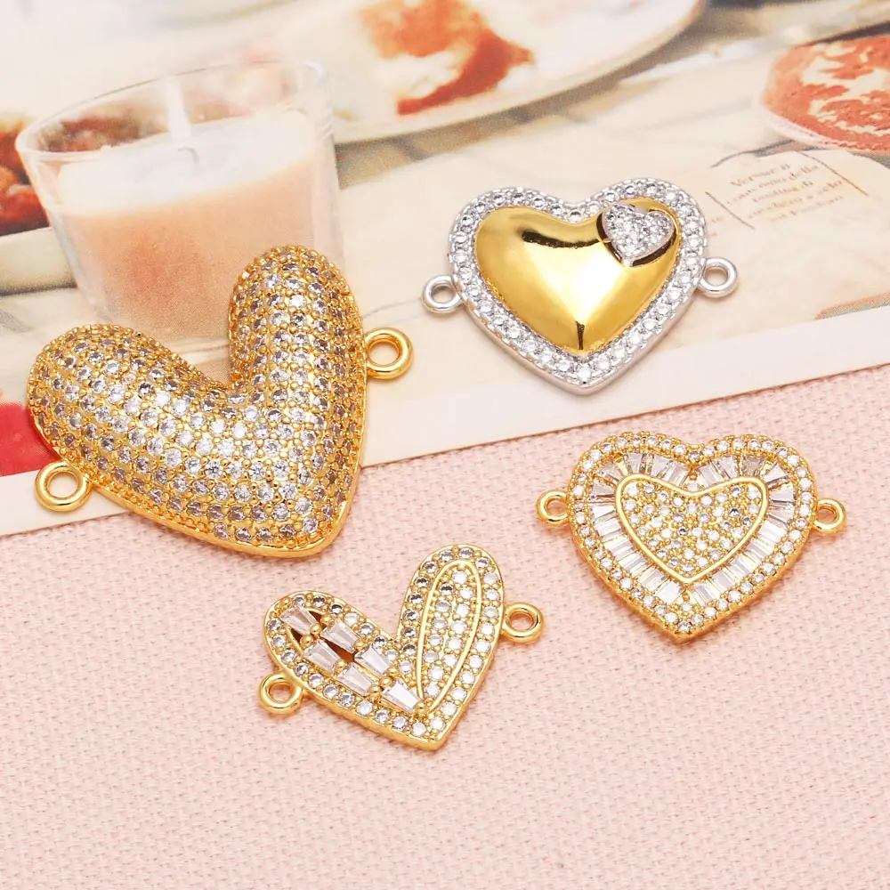 OCESRIO Trendy White Crystal Heart Charms for Bracelet Copper Gold Plated CZ Big Heart Jewelry Making Supplies chma309