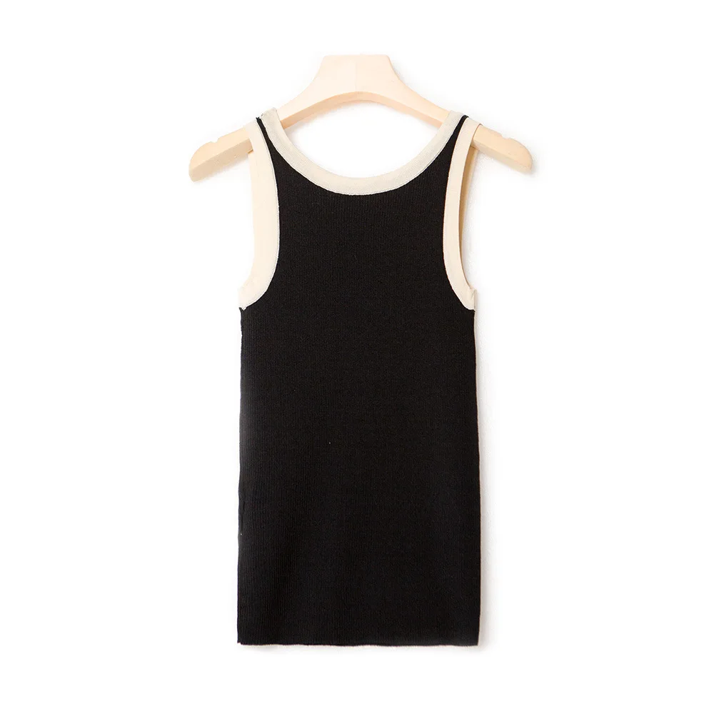 

2023 Summer New Slim Fit Knitted Tank Top Women's O-Neck Contrast Underlay Knitwear Vest Female