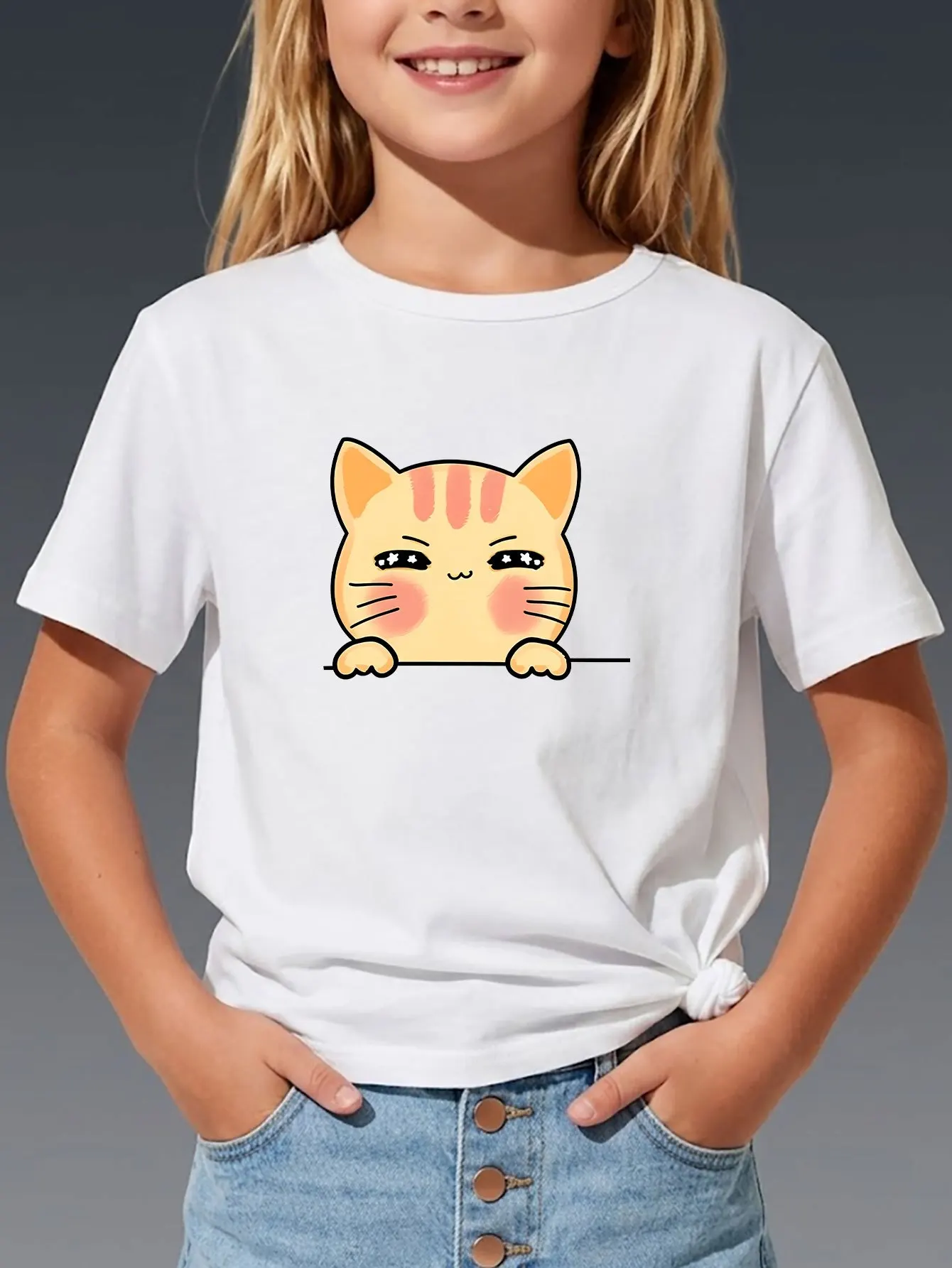 Adorable Blushing Peekaboo Ginger Kitten Graphic T Shirt Boys Girls Casual Short Sleeve Tee Family Matching Kids Cotton Tops