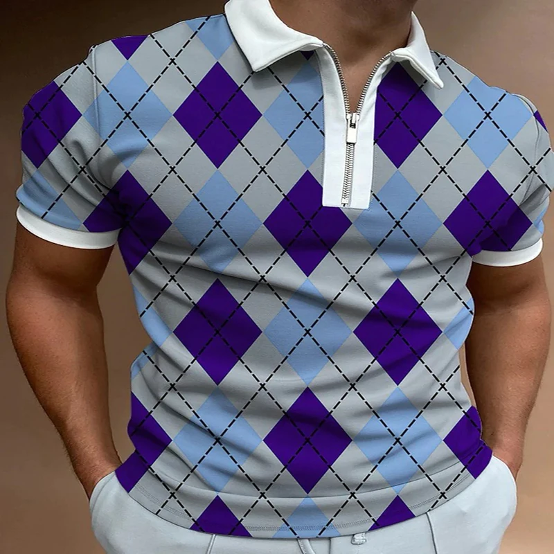 

Rhombus Pattern 3D Print Polo Zipper Short Sleeve Shirt for Men