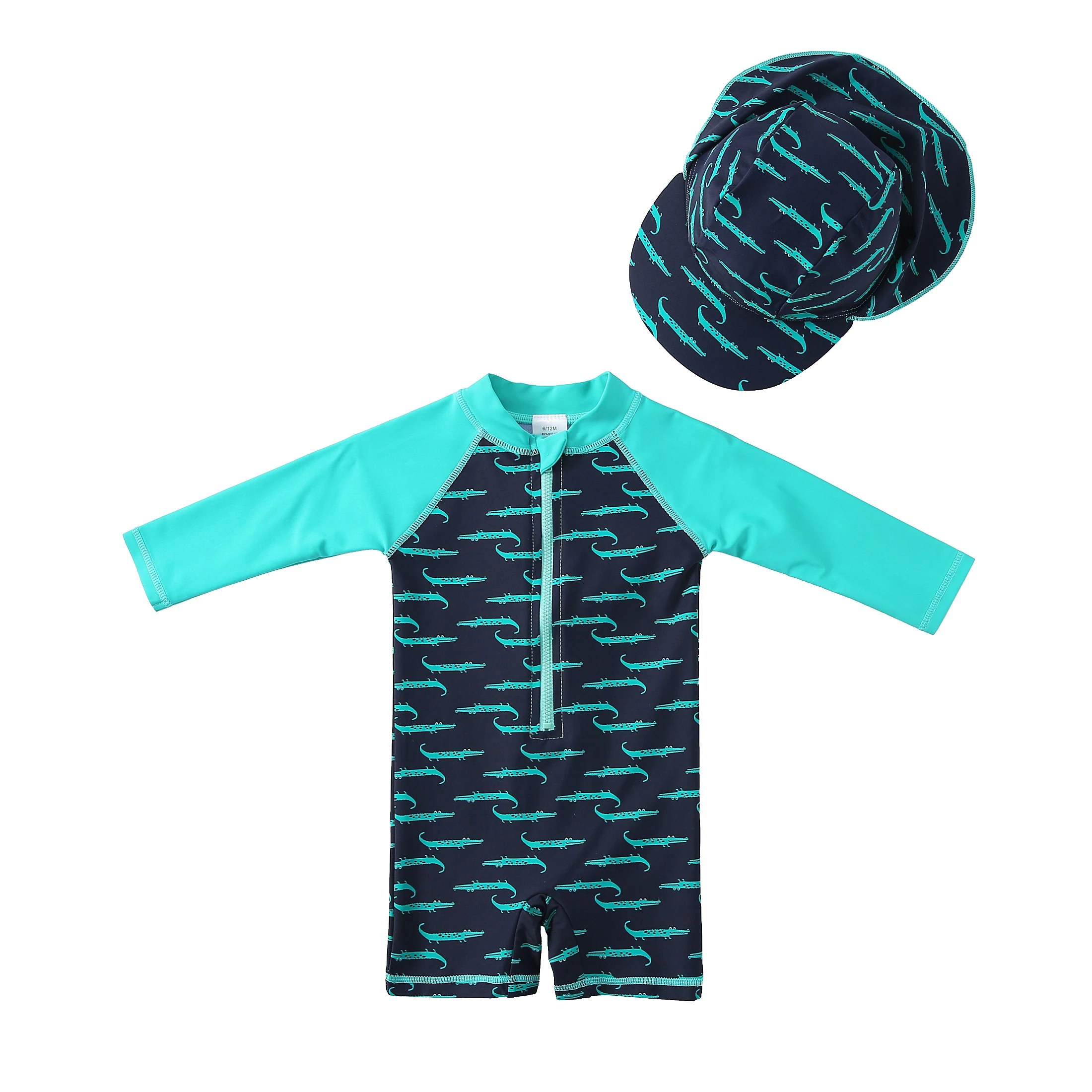 One Piece Swimming Suit Long Sleeves Little Boys Swimsuit With Hat Baby Boy Swimwear With Zipper