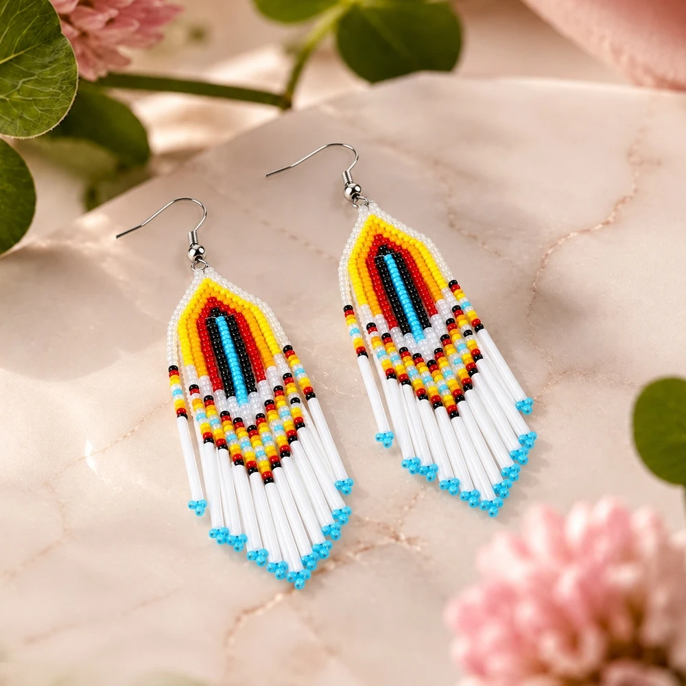 2pcs Long Bold Multicolor Geometric Arch Drop Earrings with White Fringe Strands and Blue Bead Tips Boho Ethnic Style