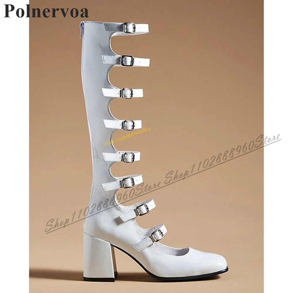 Glossy Leather White Buckle Strappy Boots Thick Heel Shoes For Women Back Zipper Round Toe 2024 Fashionable Zapatos Para Mujere