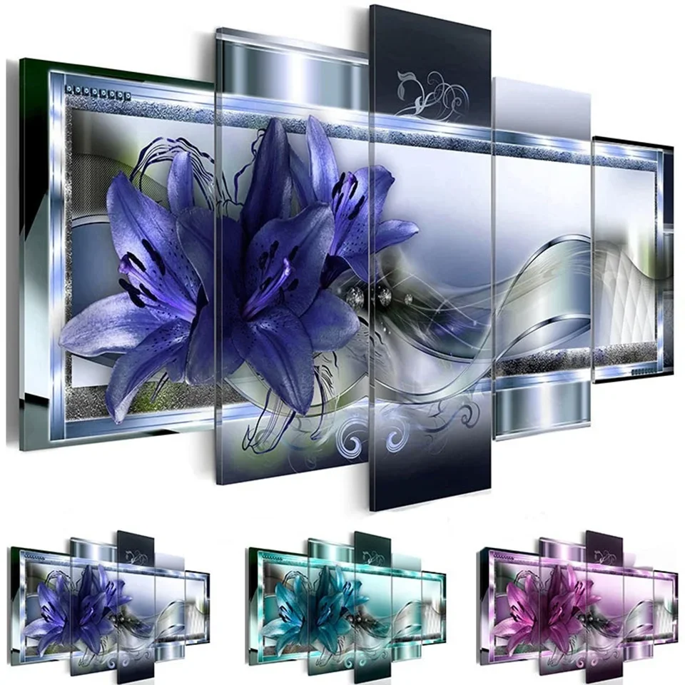 

Full round diamond embroidery blue purple lilies 5 pcs diamond painting 5D square 3d gift picture rhinestones room decoration