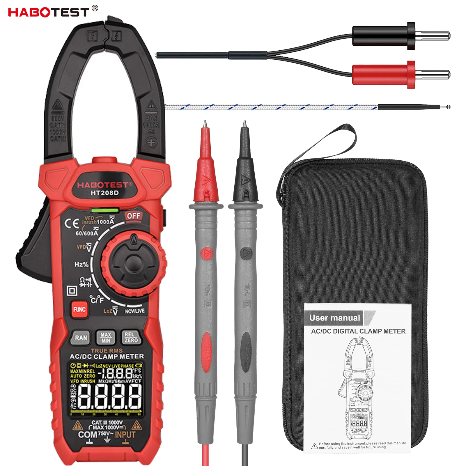 Digital Clamp Meter ac dc True-rms Multímetro Anto-ranging Tester Amperímetro de Corrente Habotest-ht208d