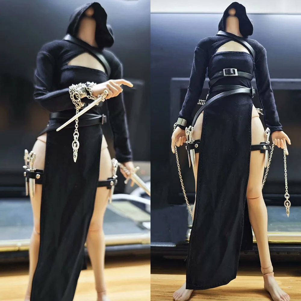 Conjunto de ropa de Assassin para mujer, ropa de dormir negra con capucha, Sexy, con pecho ahuecado, vestido dividido alto con arma para figura de acción de 12 ", 1/6