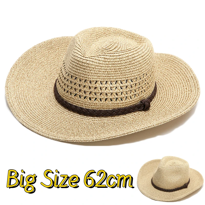 Chapeau de paille d'été à grande tête de 62cm pour hommes et femmes, protection solaire d'extérieur UPF 50 +, grande taille, Panama plage, corde coupe-vent, grands chapeaux