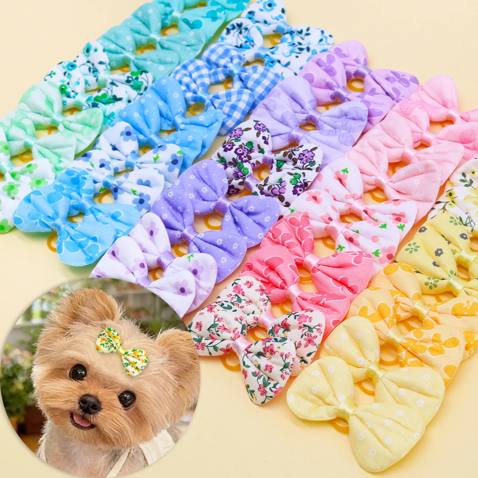 100PCS Handmade Dog Bows With Rubber Bands Colorful Puppy Hair Bows For Small Dogs and Cats Multi Print Pet Grooming Supplies