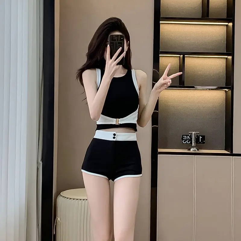 Fashion Patchwork Slim Short Sets Summer Trend Sexy Buttons High Waist Two-piece Suit Women Clothing Fashionable Elasticity