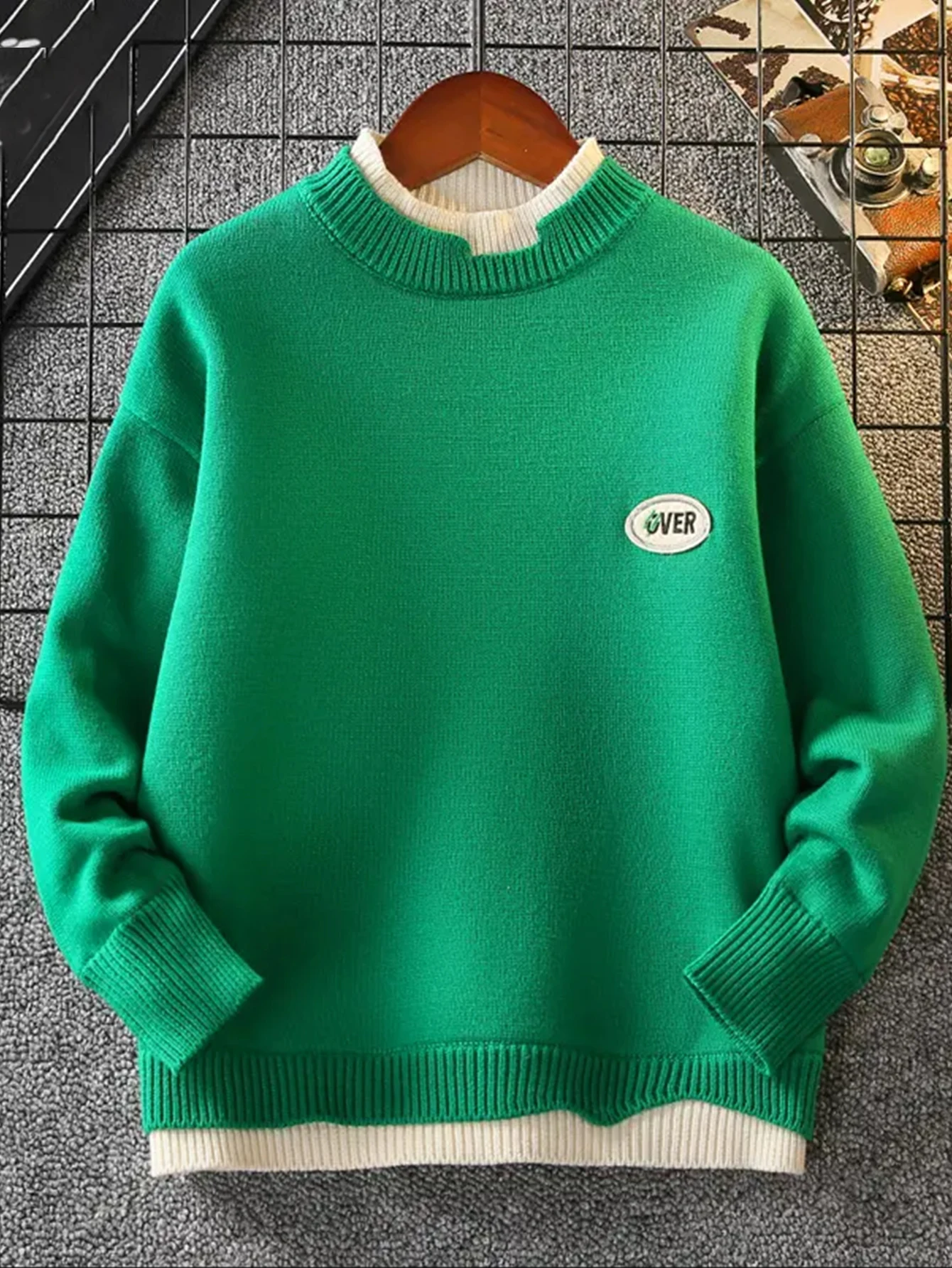 Kids Fake Two-Piece Knit Pullover for Autumn Winter, Boys Crew Neck Sweater with Patch Label Decor, Warm Layered Knit Tops