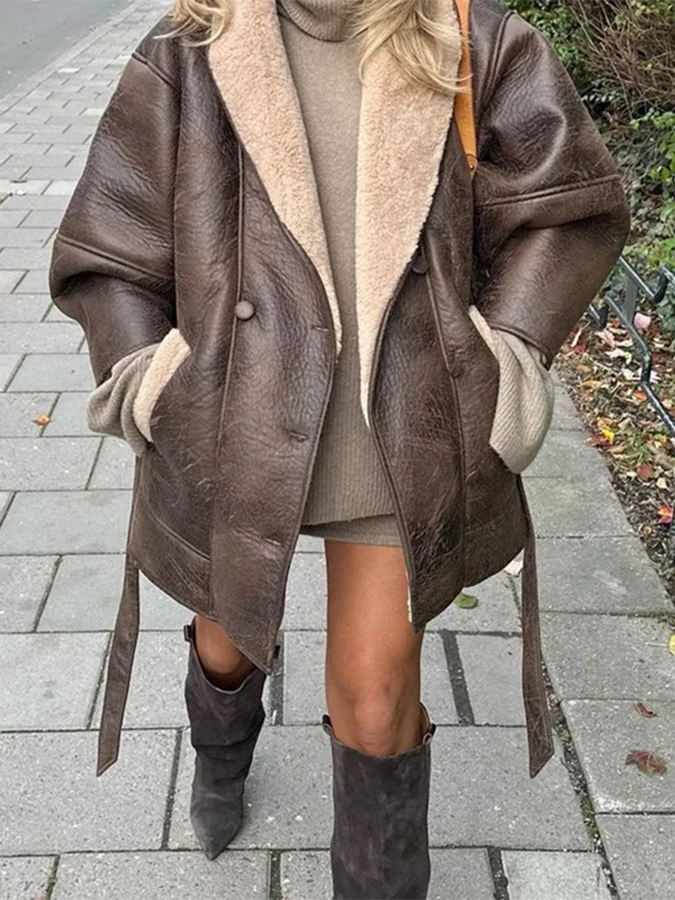 Single Breasted Turn-down Collar Women Coat Thick Plush Leather Female Jacket 2024 Autumn Winter Office Oversize Female Overcoat