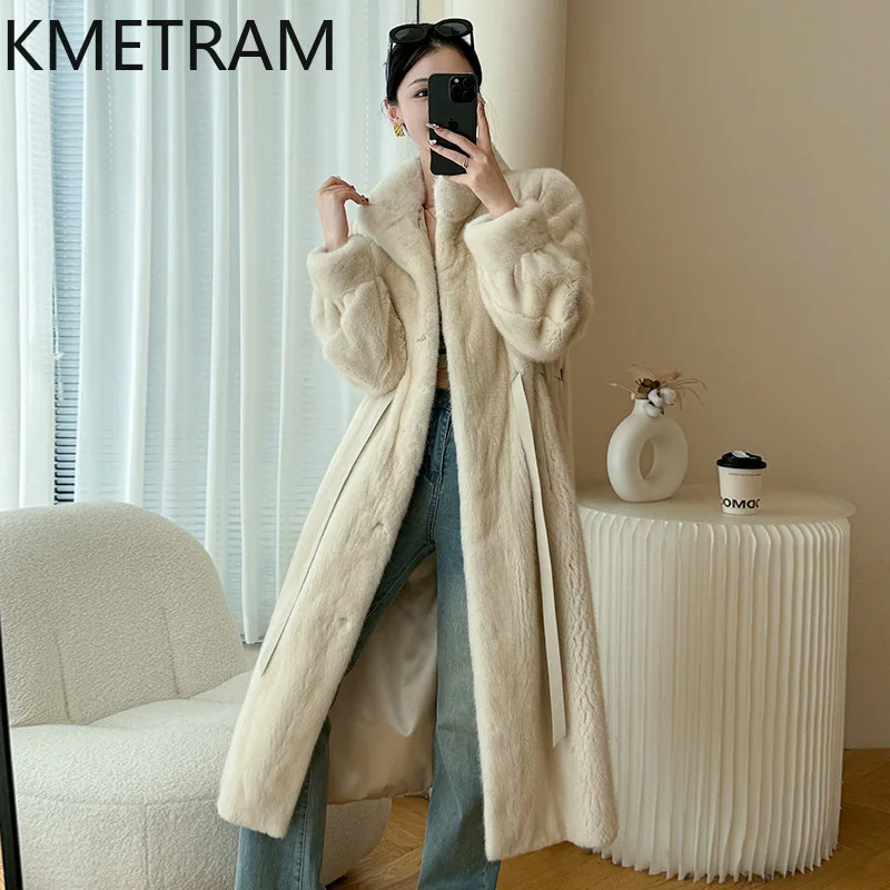 KMETRAM 100% Ganze Nerz Pelz Jacke Frau Stehkragen Lange Echt Nerz Pelzmantel mit Gürtel Winter Outer Frauen Kleidung Nguy