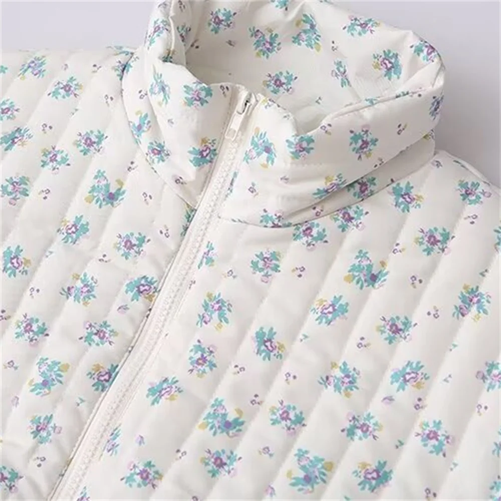 TRAF 2024 Autumn New Product Women\'s Fashion Versatile Casual Stand up Collar Long Sleeve Floral Thick Cotton Coat