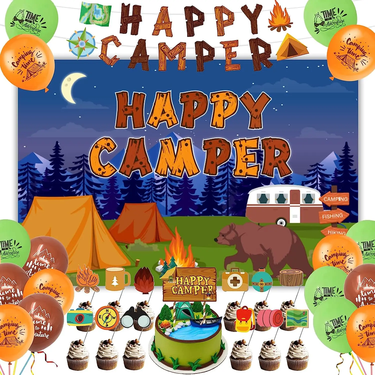 Happy Camper Party Decoration Camping Themed Party Supplies Happy Camper Banner Backdrop Cake Cupcake Toppers for Campfire Party