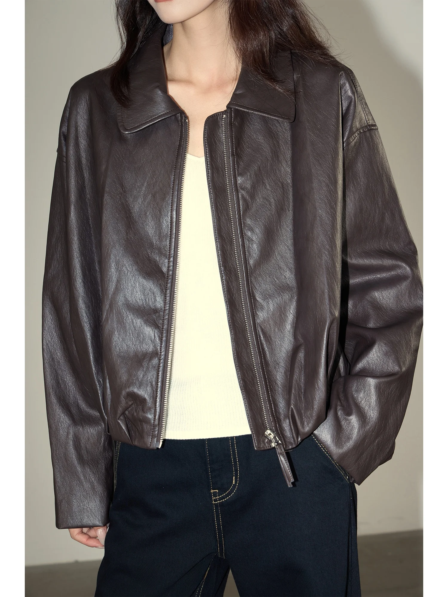 Jaqueta Corta-Vento Feminina Sli Cool de Couro Marrom Escuro com Gola Alta para Primavera e Outono – Tendência para o Dia a Dia, Manga Longa