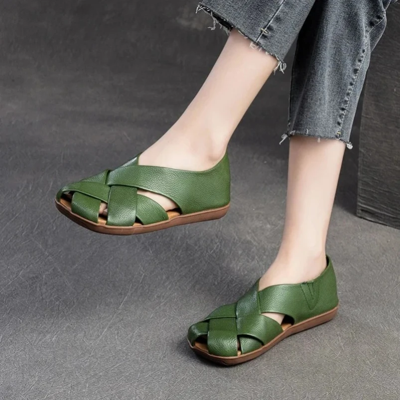 2025 sommer Flache Schuhe Frauen Kreuz Echtes Kuh Leder Aushöhlen Atmungsaktive Sandalen Damen Weiche Sohle Slip Auf Casual