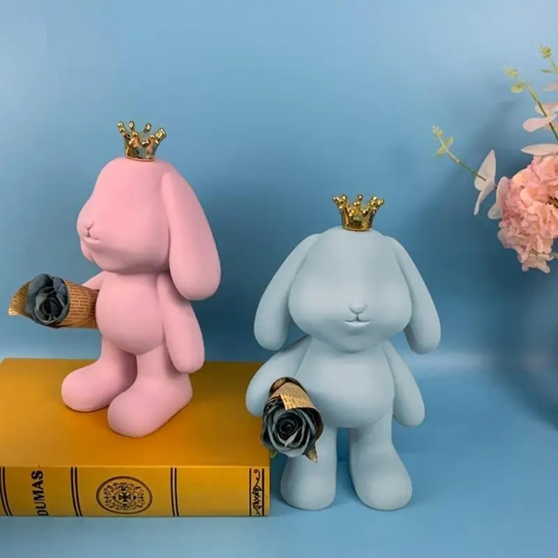 

R9JC for Creative Big Ears Rabbit with Crown Resin Statue Animal Bunny Figure