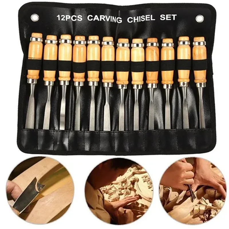 Imagem -02 - Professional Wood Carving Hand Cinzel Conjunto Torno Gouges Ferramentas Faca de Escultura Ferramenta para Trabalhar Madeira 12 Pcs Set